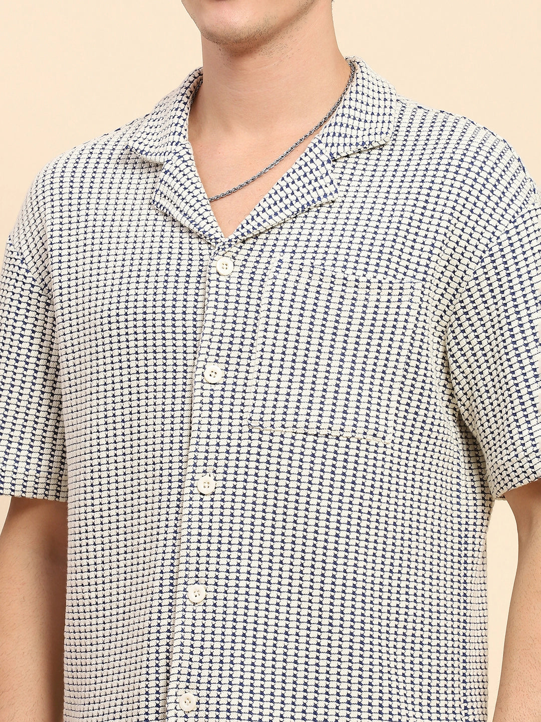 Blue Cotton Textured Casual Shirt