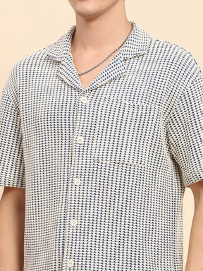 Blue Cotton Textured Casual Shirt
