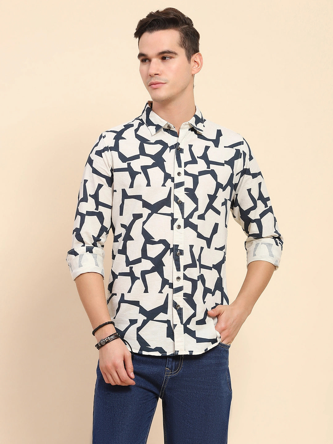 Navy Abstract Cotton Casual Shirt