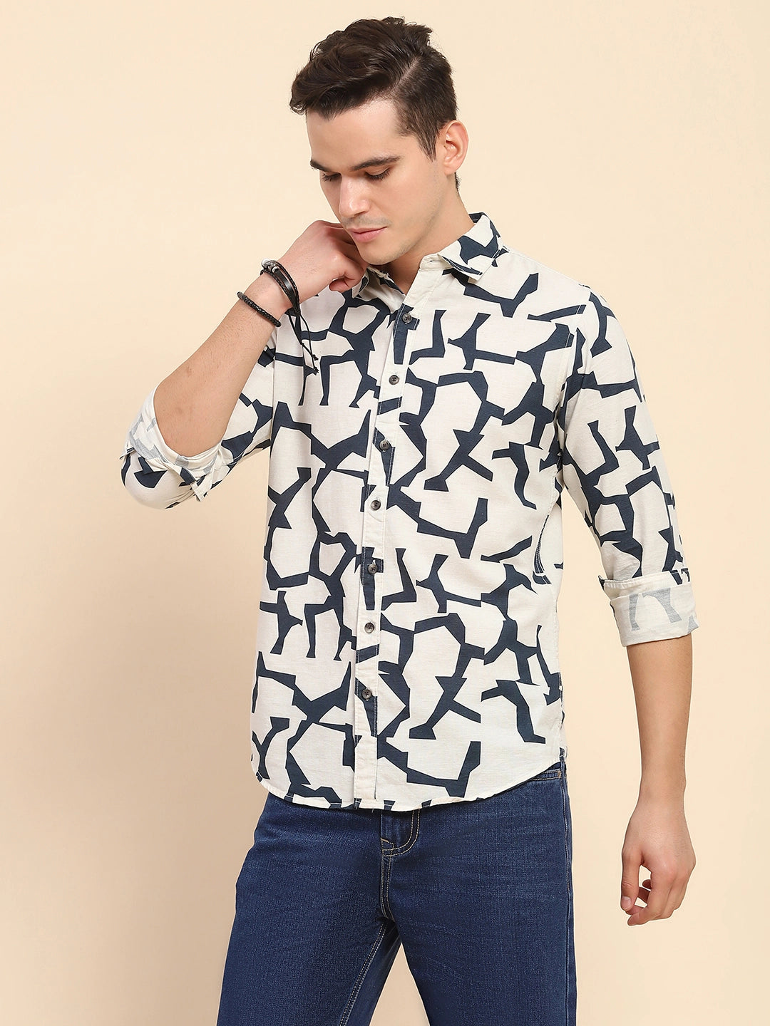 Navy Abstract Cotton Casual Shirt