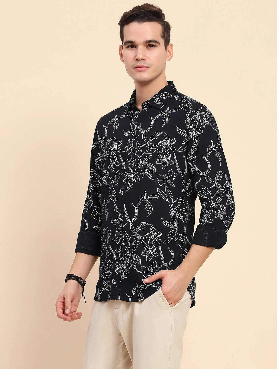 Navy Cotton Floral Casual Shirt