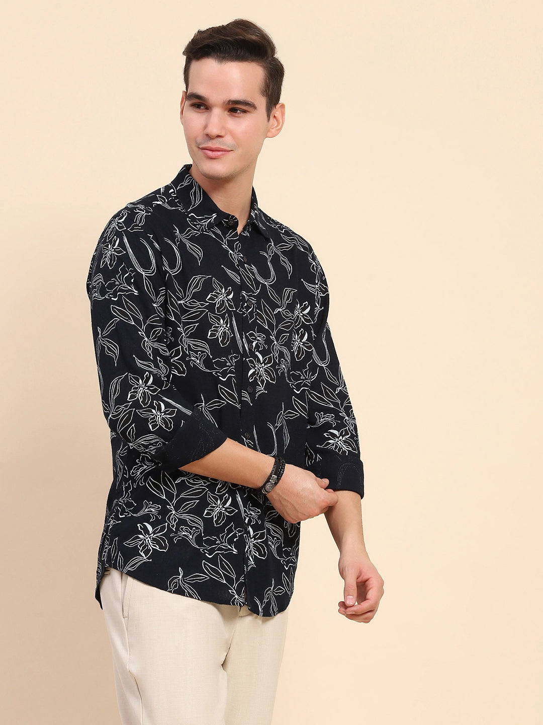 Navy Cotton Floral Casual Shirt
