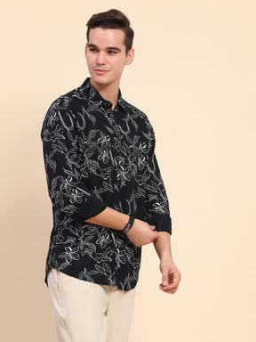 Navy Cotton Floral Casual Shirt