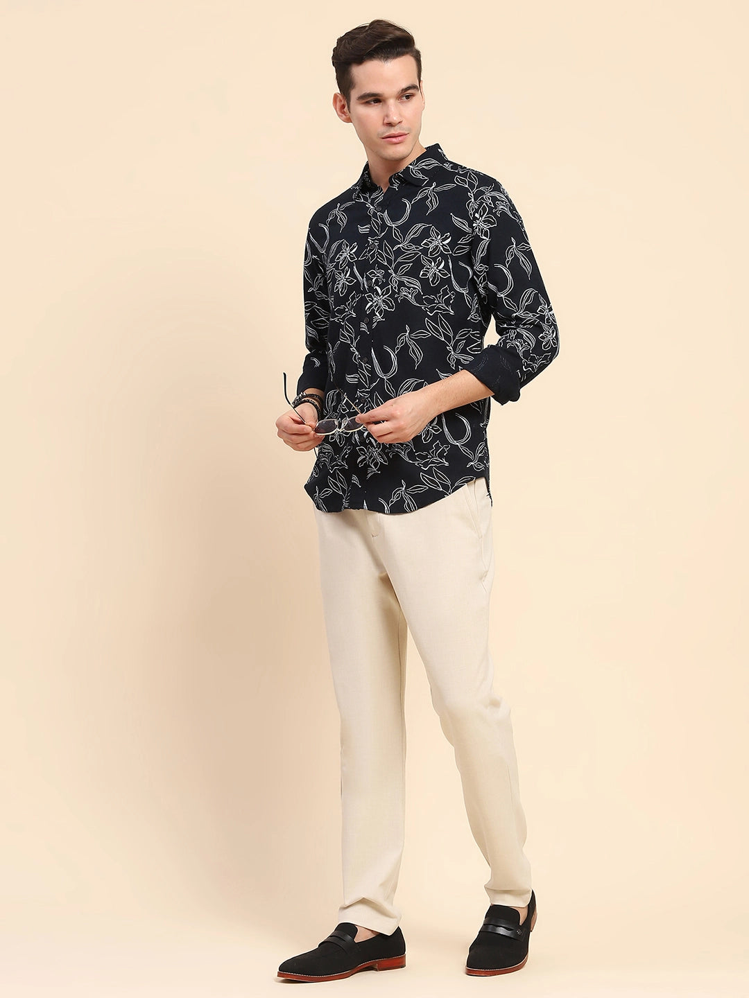 Navy Cotton Floral Casual Shirt - Global Republic