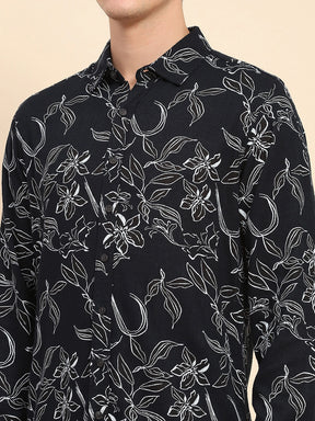 Navy Cotton Floral Casual Shirt