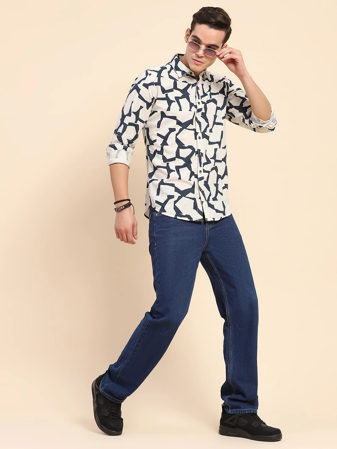 Navy Abstract Cotton Casual Shirt - Global Republic
