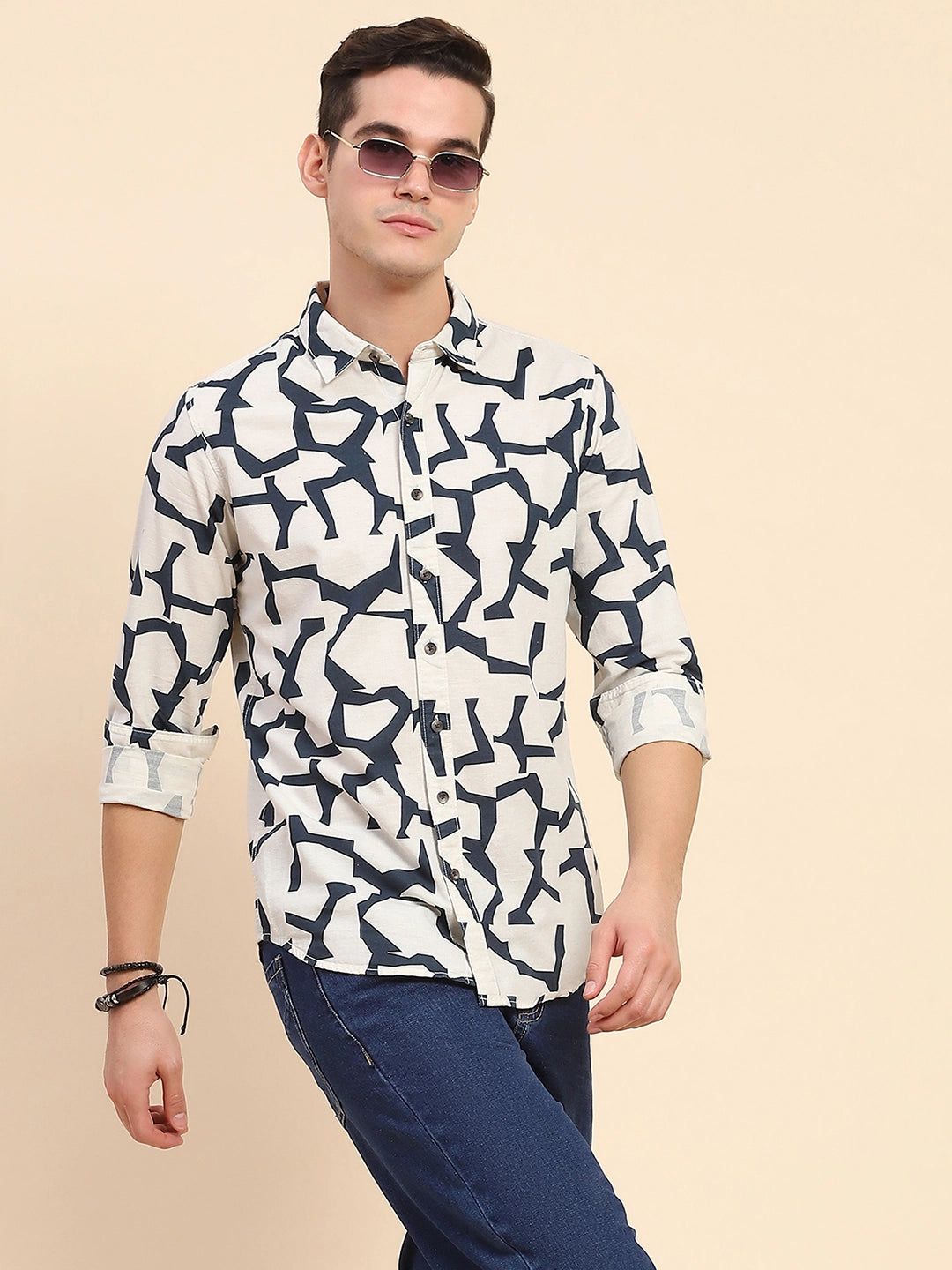 Navy Abstract Cotton Casual Shirt - Global Republic