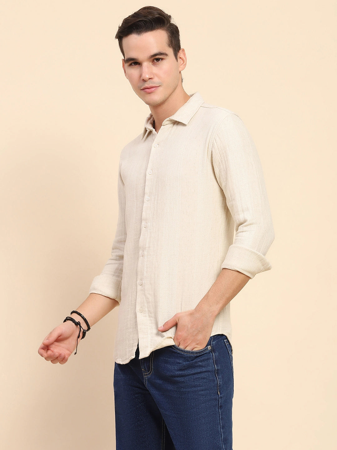 Beige Linen Blend Self Design Shirt - Global Republic