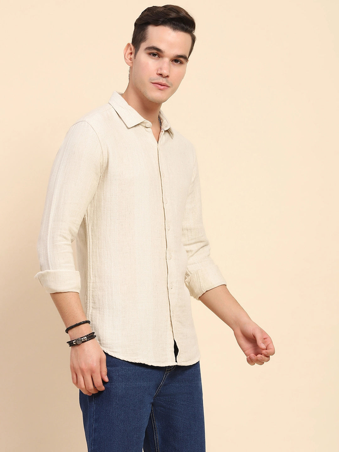 Beige Linen Blend Self Design Shirt - Global Republic