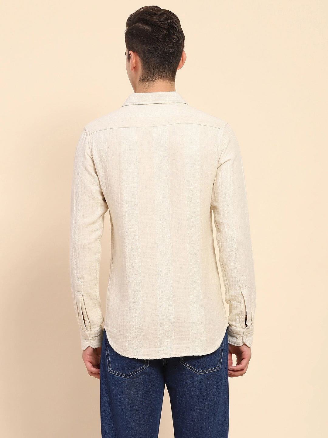 Beige Linen Blend Self Design Shirt - Global Republic