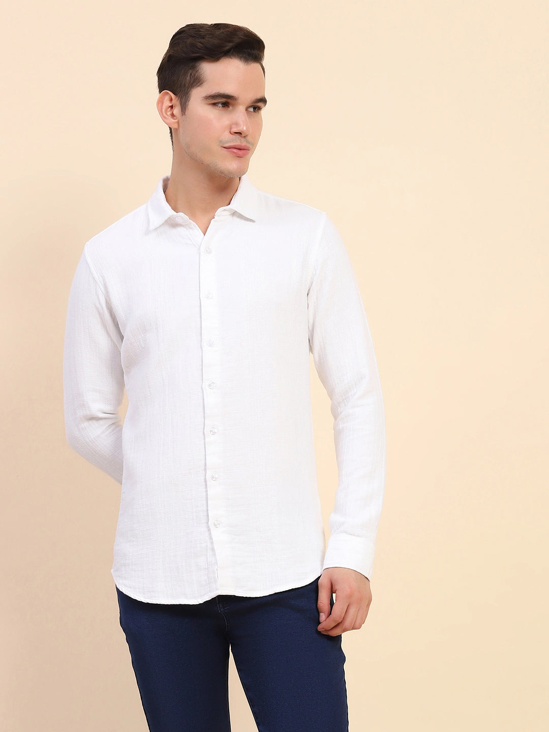 White Cotton Linen Self Design Casual Shirt - Global Republic
