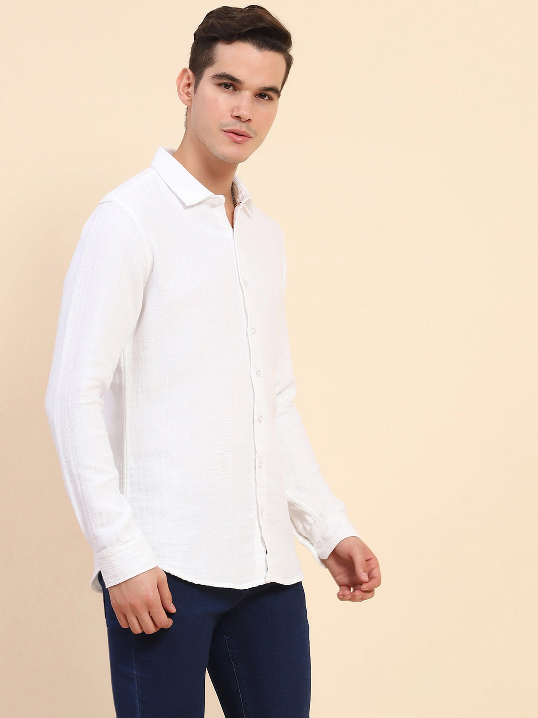 White Cotton Linen Self Design Casual Shirt - Global Republic