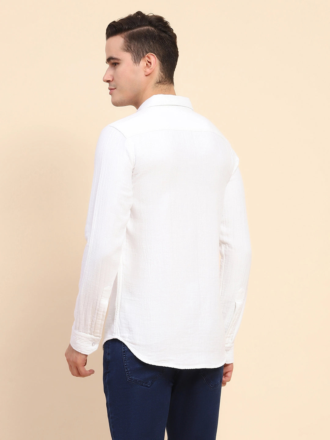 White Cotton Linen Self Design Casual Shirt - Global Republic
