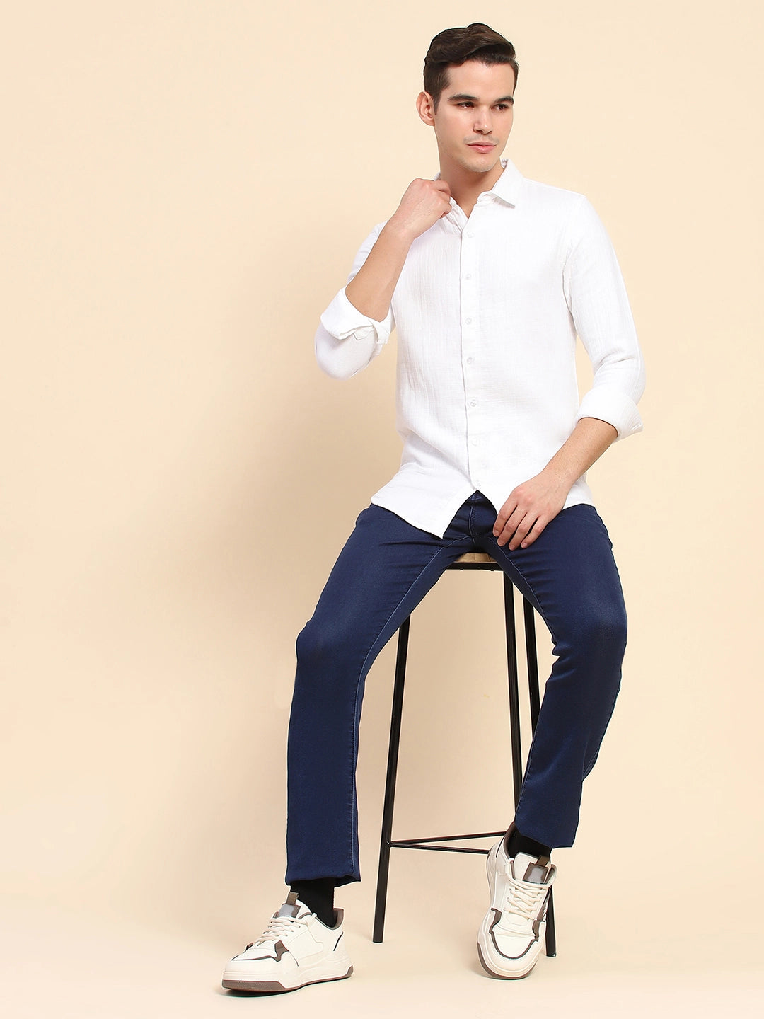White Cotton Linen Self Design Casual Shirt - Global Republic