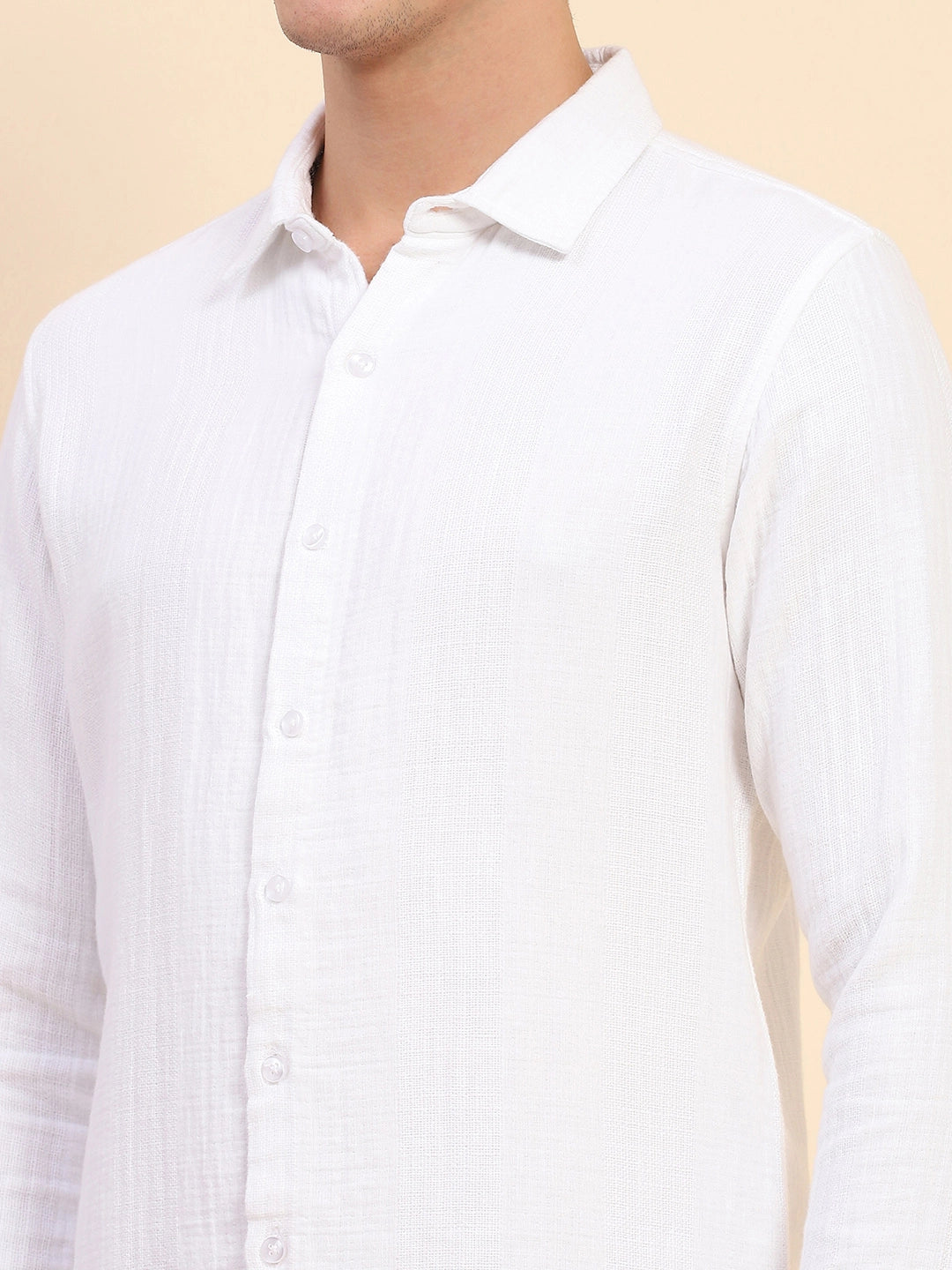 White Cotton Linen Self Design Casual Shirt - Global Republic
