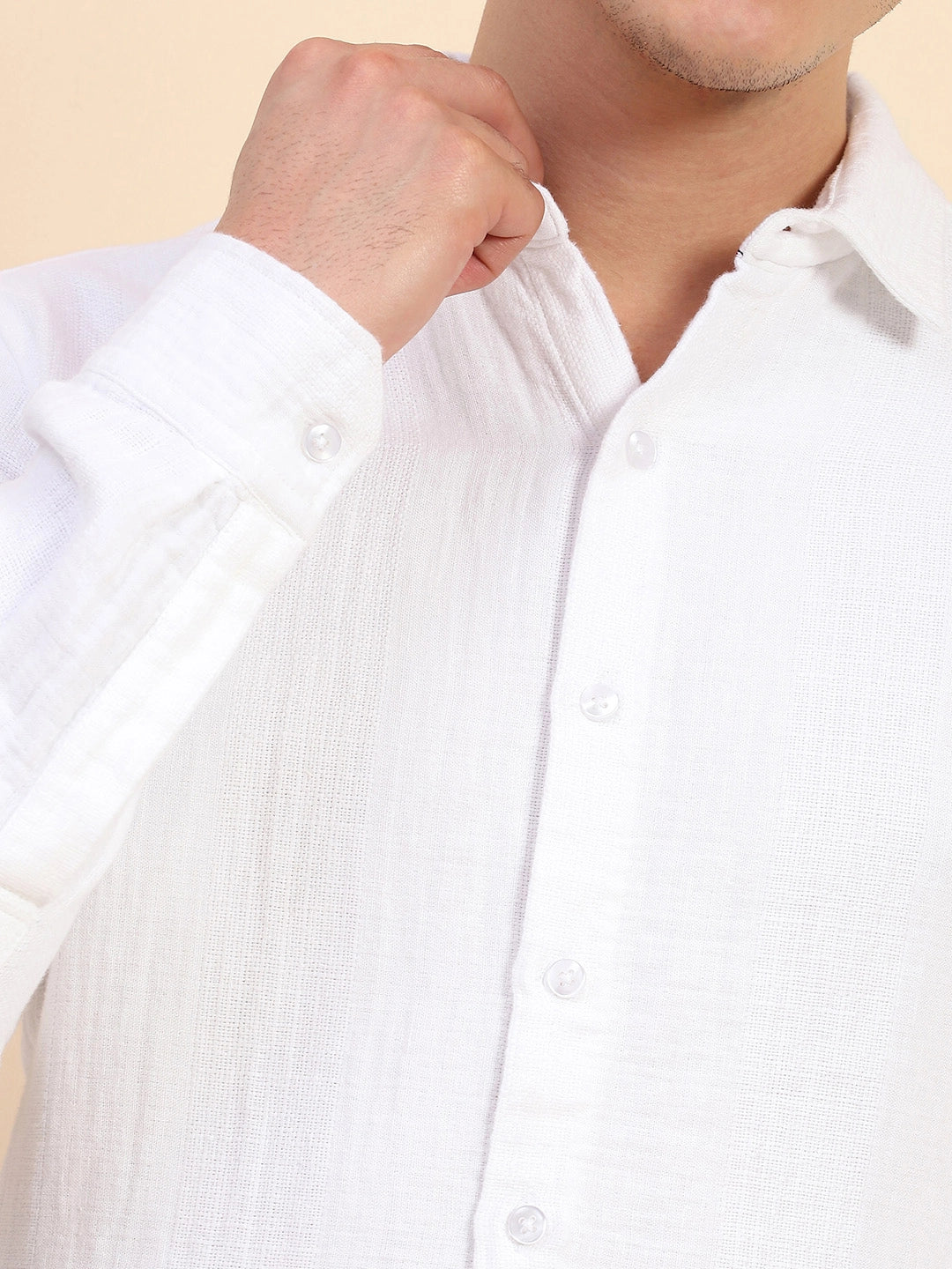 White Cotton Linen Self Design Casual Shirt - Global Republic