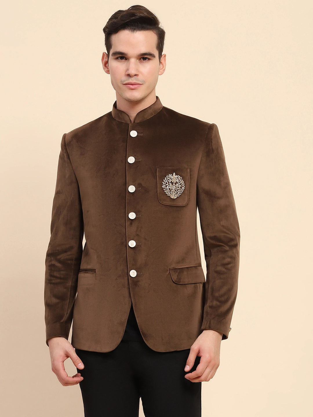 Brown Velvet Zari Embroidered Winter Wear Coat - Global Republic