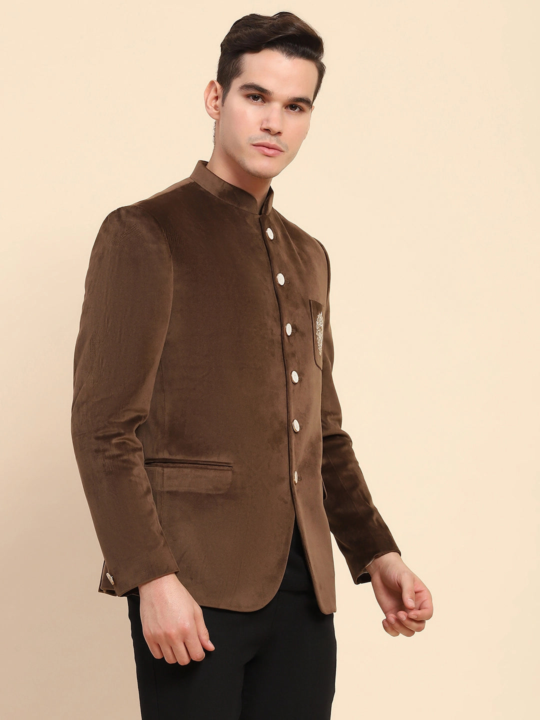 Brown Velvet Zari Embroidered Winter Wear Coat - Global Republic
