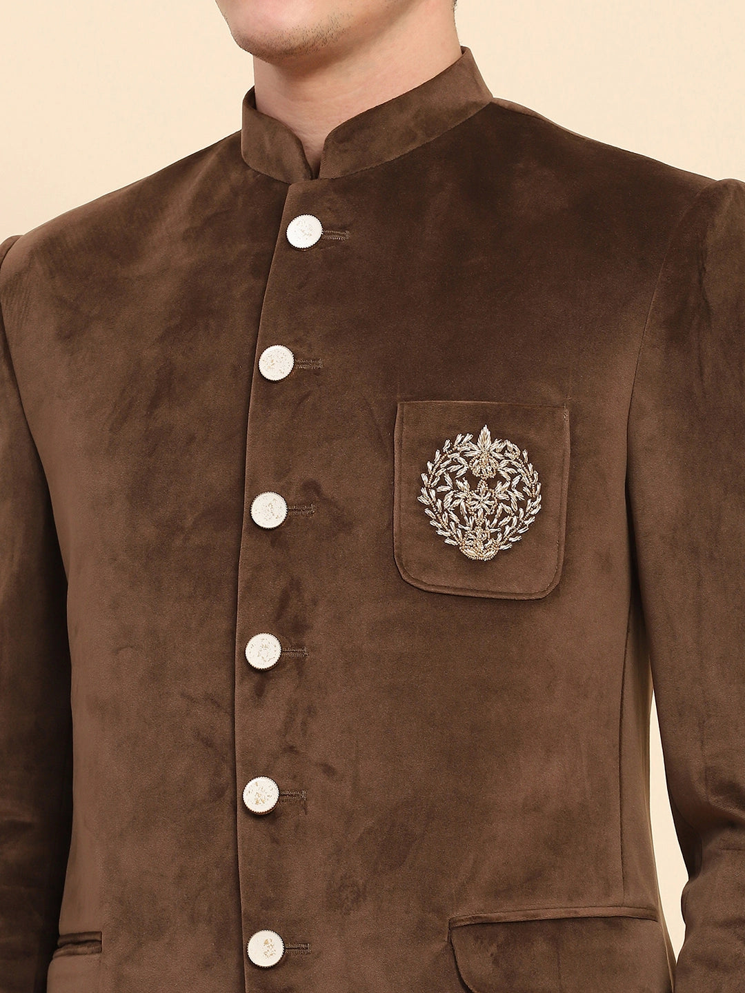Brown Velvet Zari Embroidered Winter Wear Coat - Global Republic