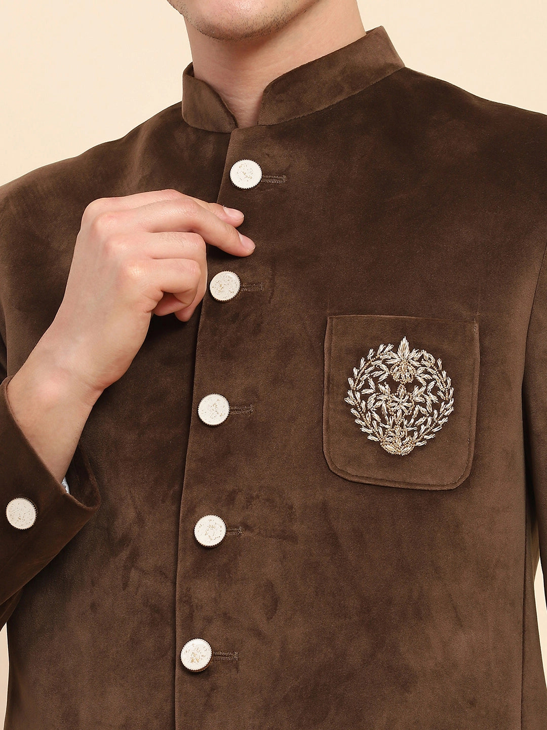 Brown Velvet Zari Embroidered Winter Wear Coat - Global Republic