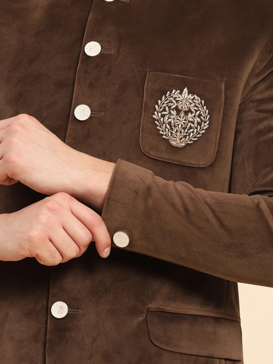 Brown Velvet Zari Embroidered Winter Wear Coat - Global Republic
