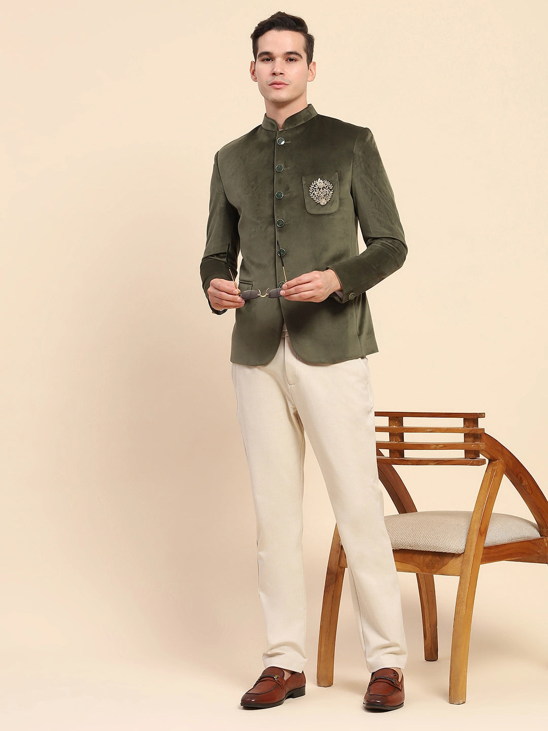 Olive Velvet Zari Embroidered Coat - Global Republic