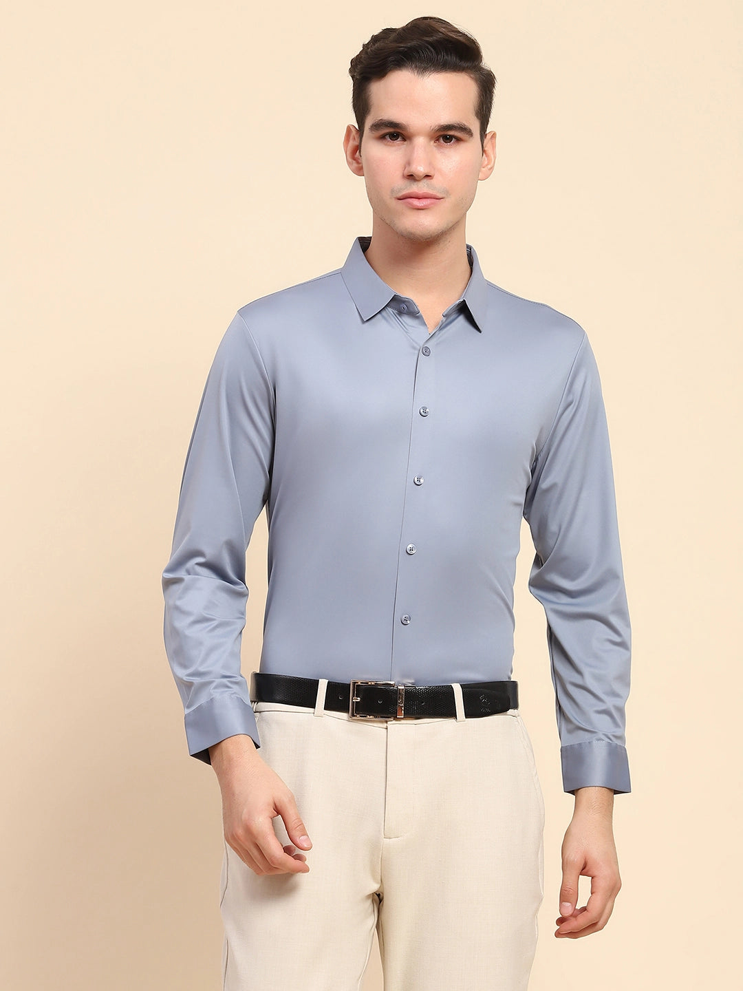 Blue Nylon Blend Solid Formal Shirt - Global Republic