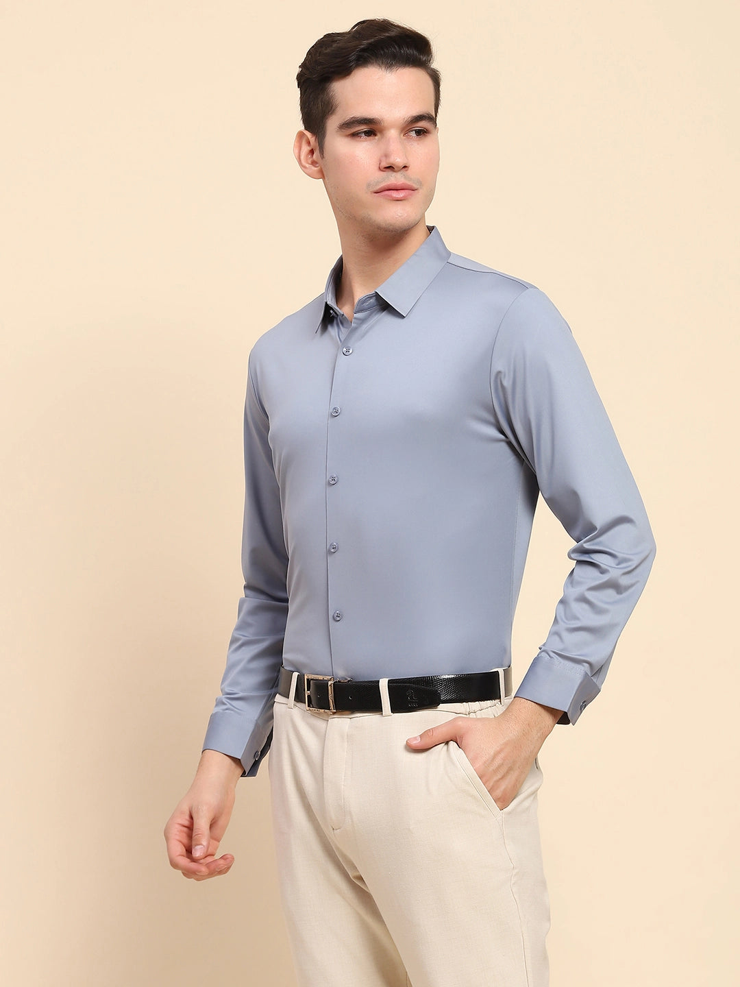 Blue Nylon Blend Solid Formal Shirt - Global Republic