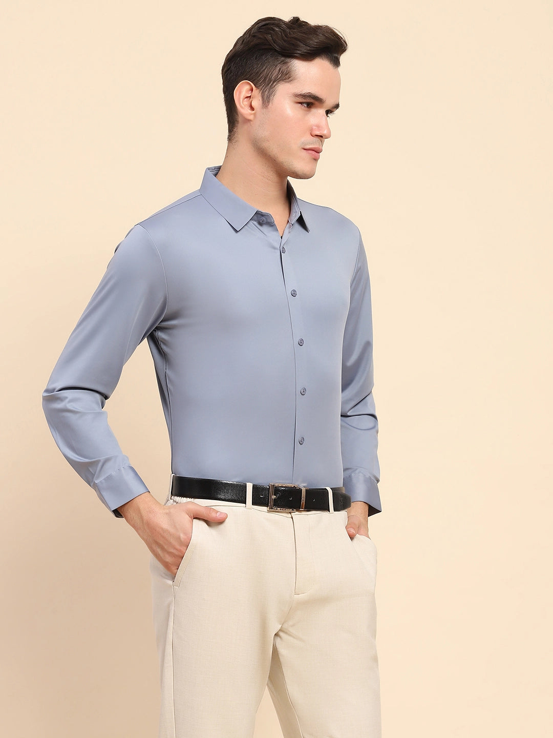 Blue Nylon Blend Solid Formal Shirt - Global Republic