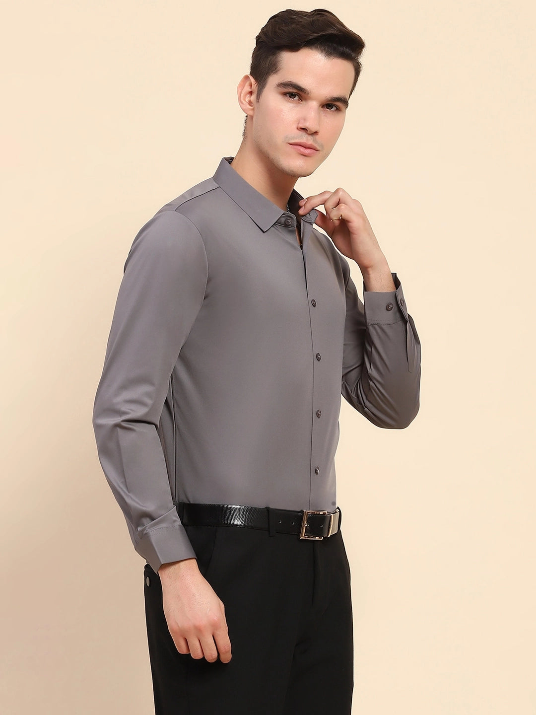 Gray Nylon Blend Solid Formal Shirt - Global Republic