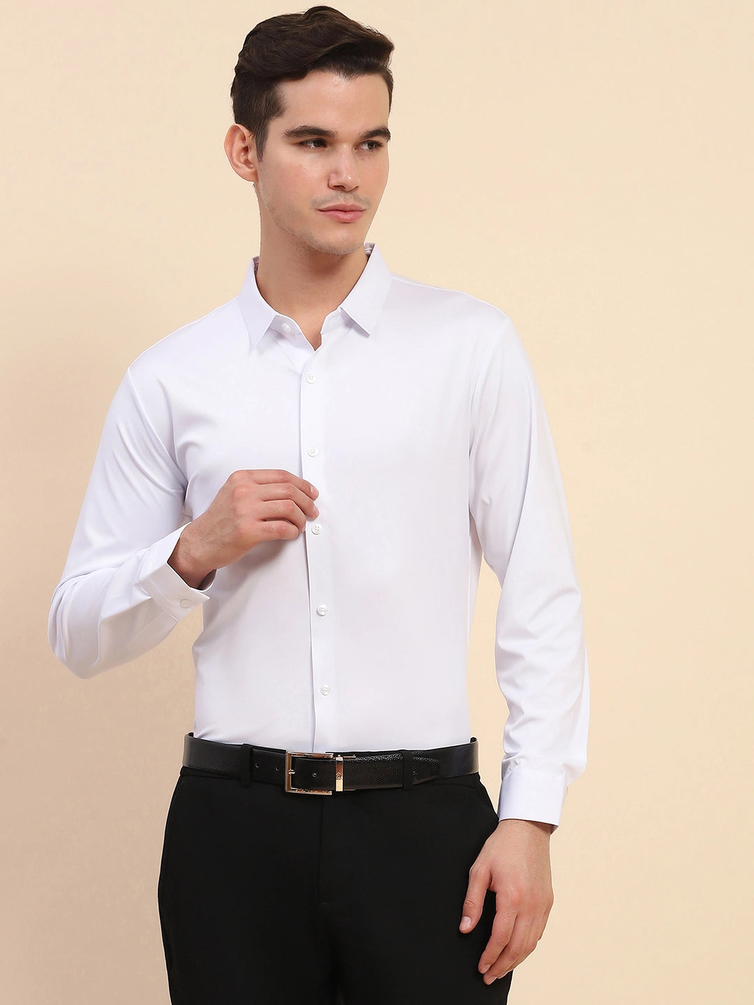 White Nylon Blend Solid Formal Shirt - Global Republic