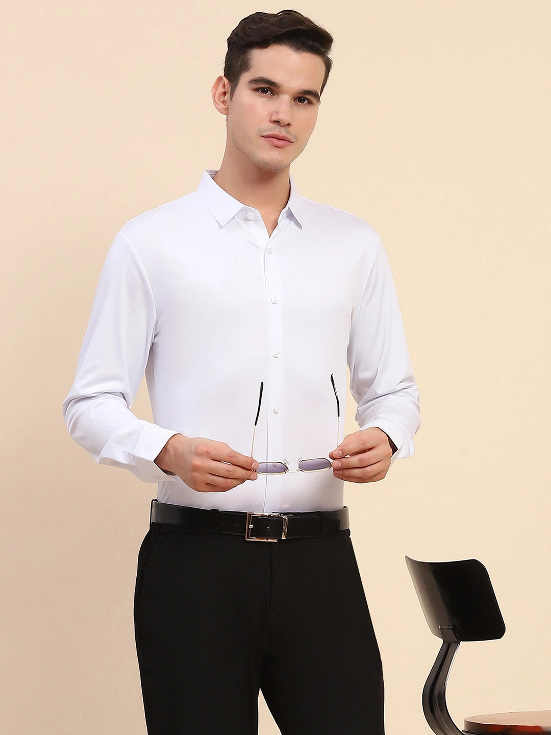 White Nylon Blend Solid Formal Shirt - Global Republic