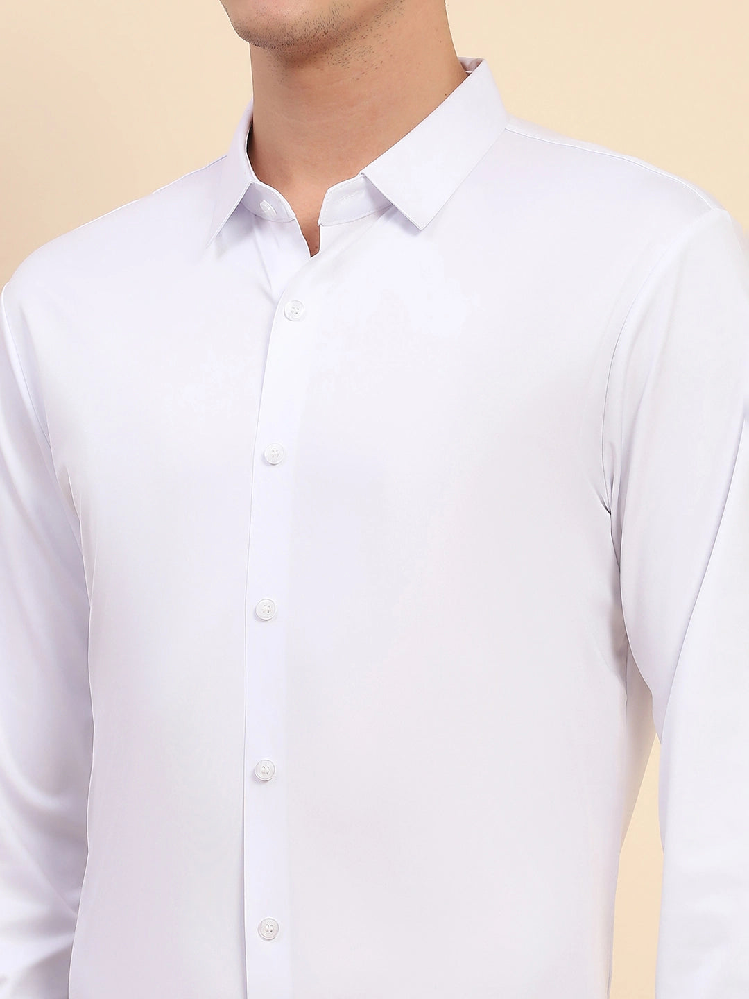 White Nylon Blend Solid Formal Shirt - Global Republic