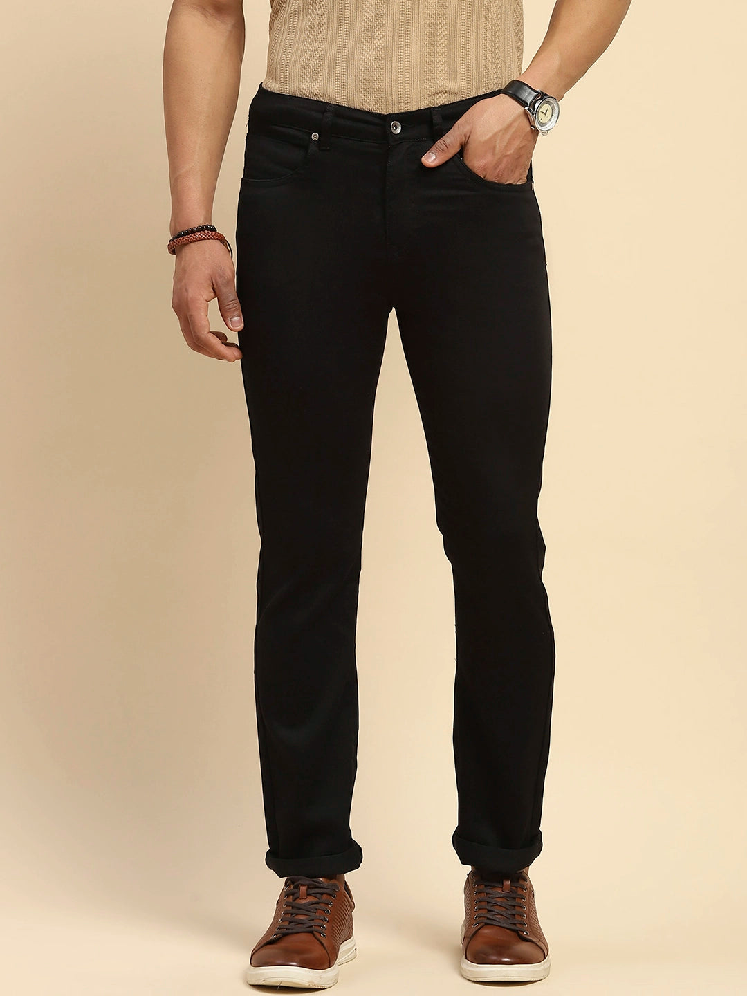 Black Cotton Blend Straight Fit Trouser