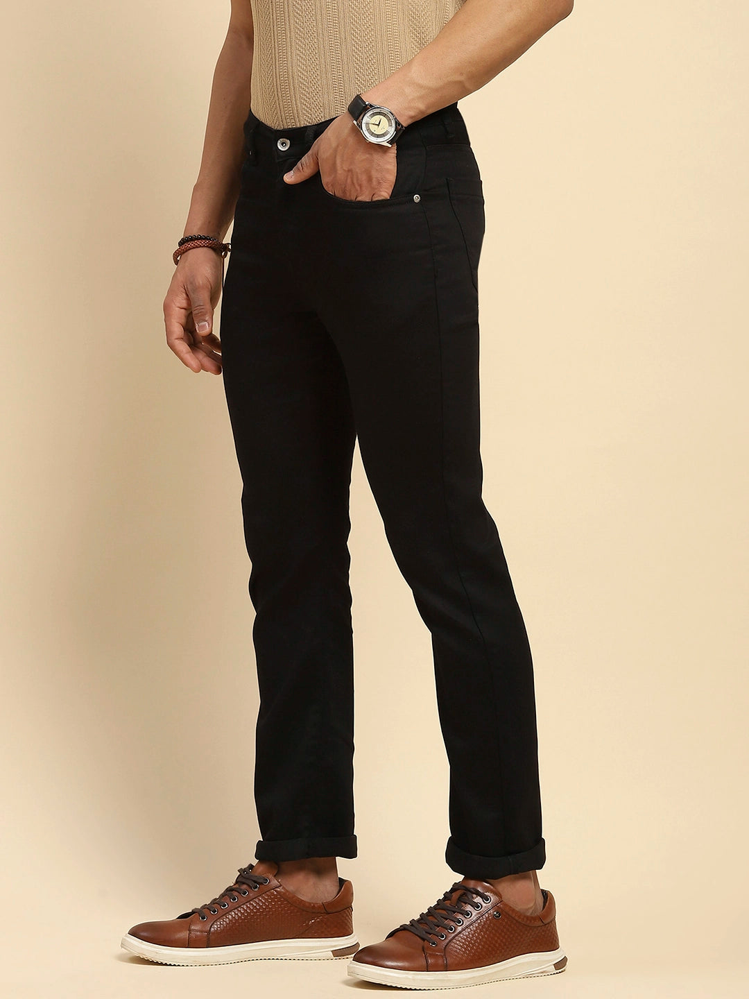 Black Cotton Blend Straight Fit Trouser