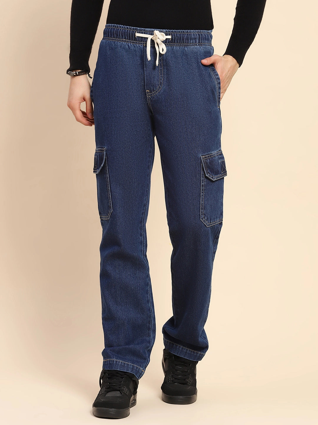 Blue Cotton Blend Solid Lower