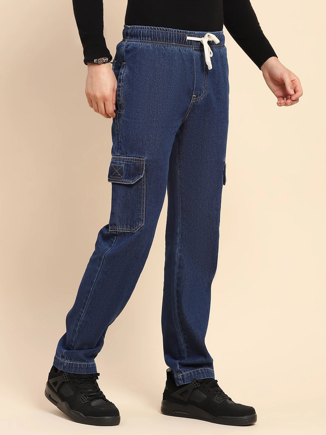 Blue Cotton Blend Solid Lower