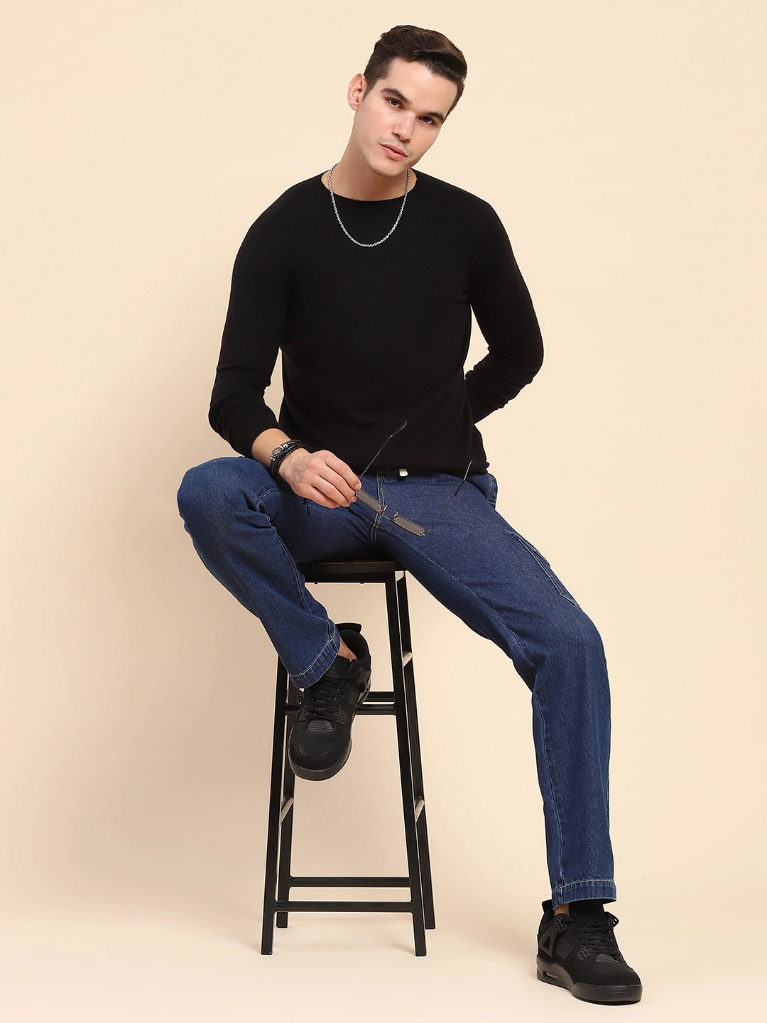 Blue Cotton Blend Solid Lower