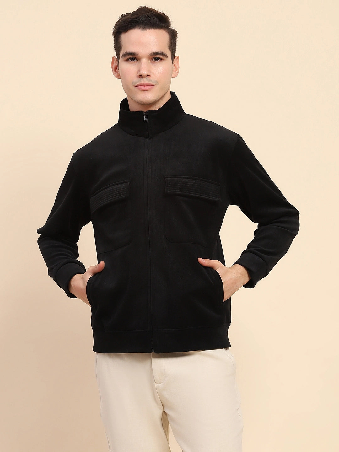 Black Poly Blend Solid Jacket