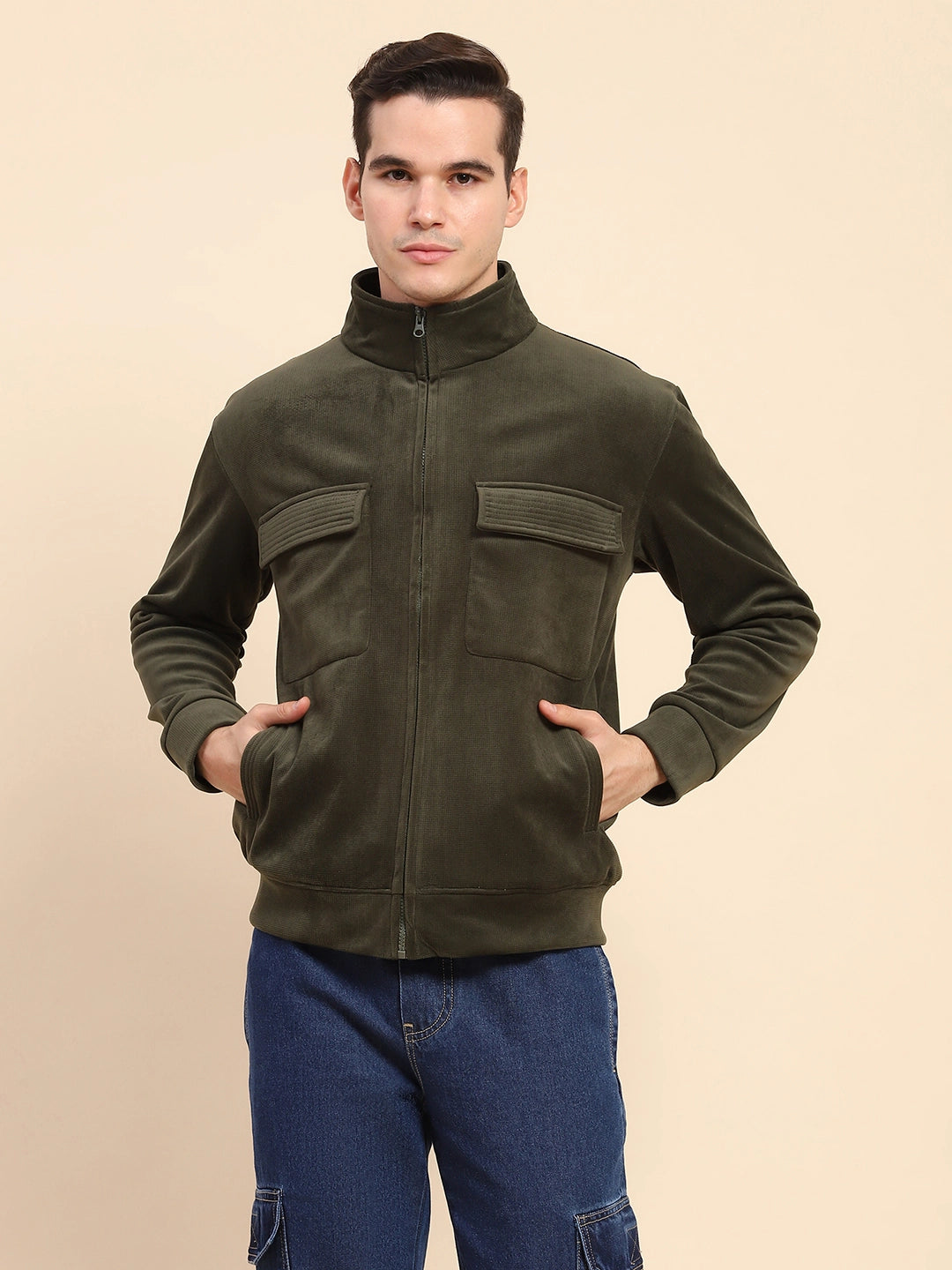 Olive Poly Blend Solid Jacket