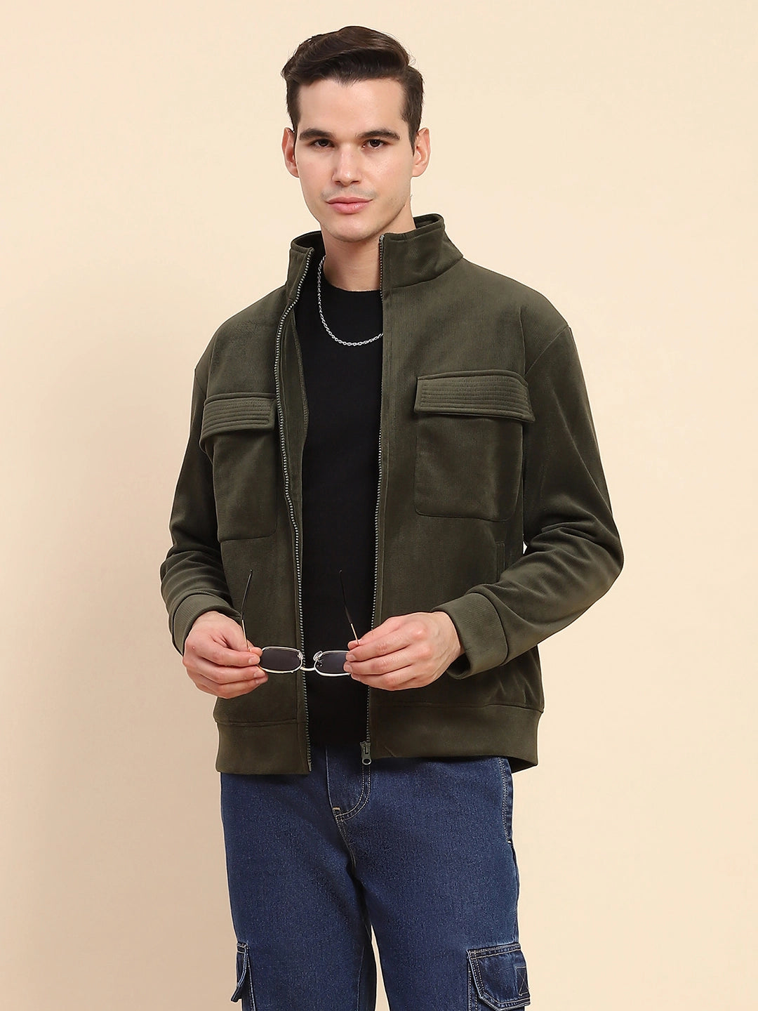 Olive Poly Blend Solid Jacket