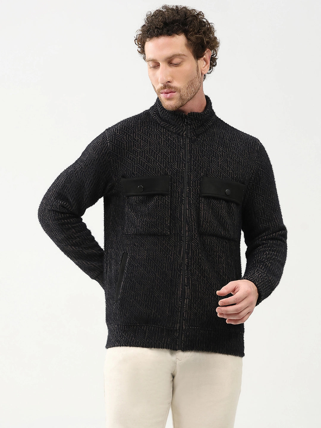 Wool-Blend Stand Collar Jacket
