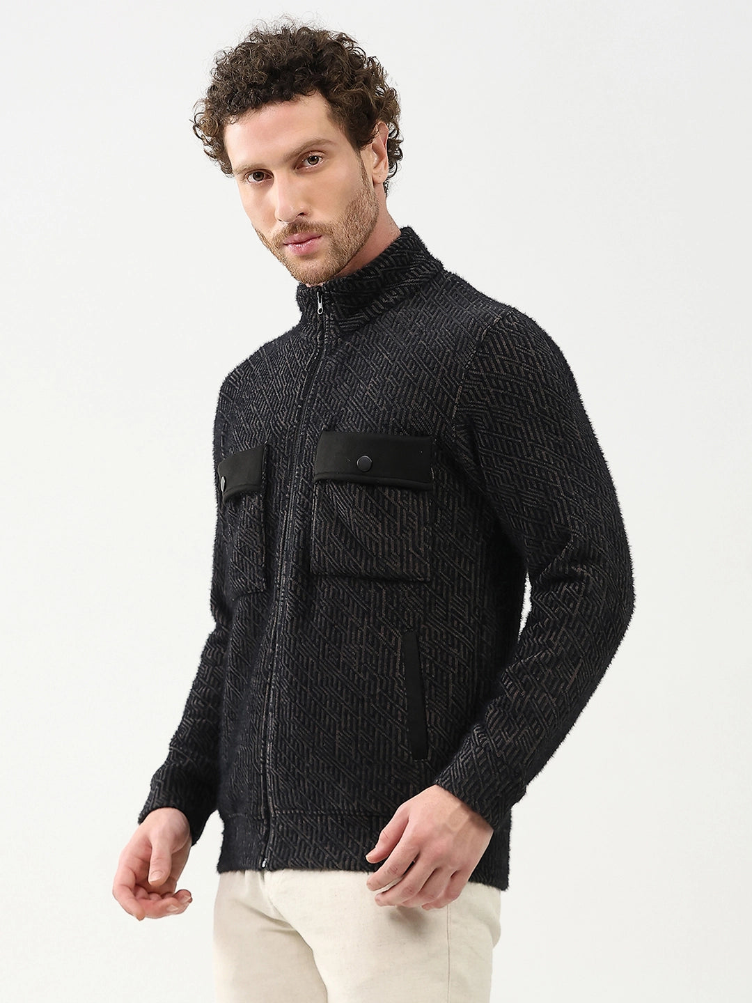 Wool-Blend Stand Collar Jacket