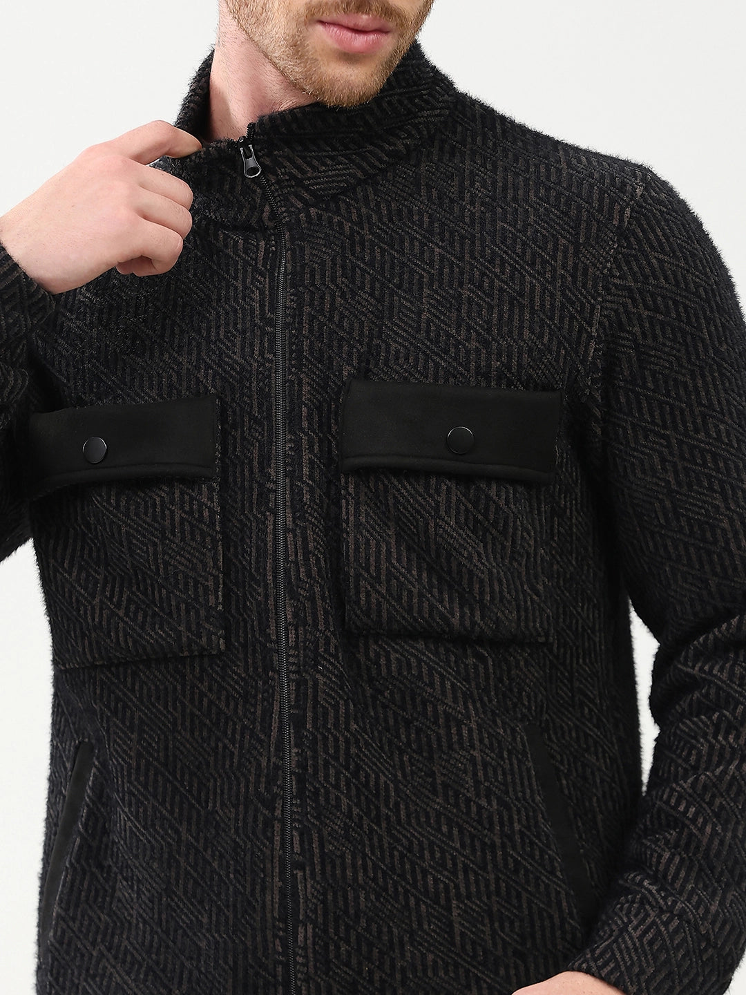 Wool-Blend Stand Collar Jacket