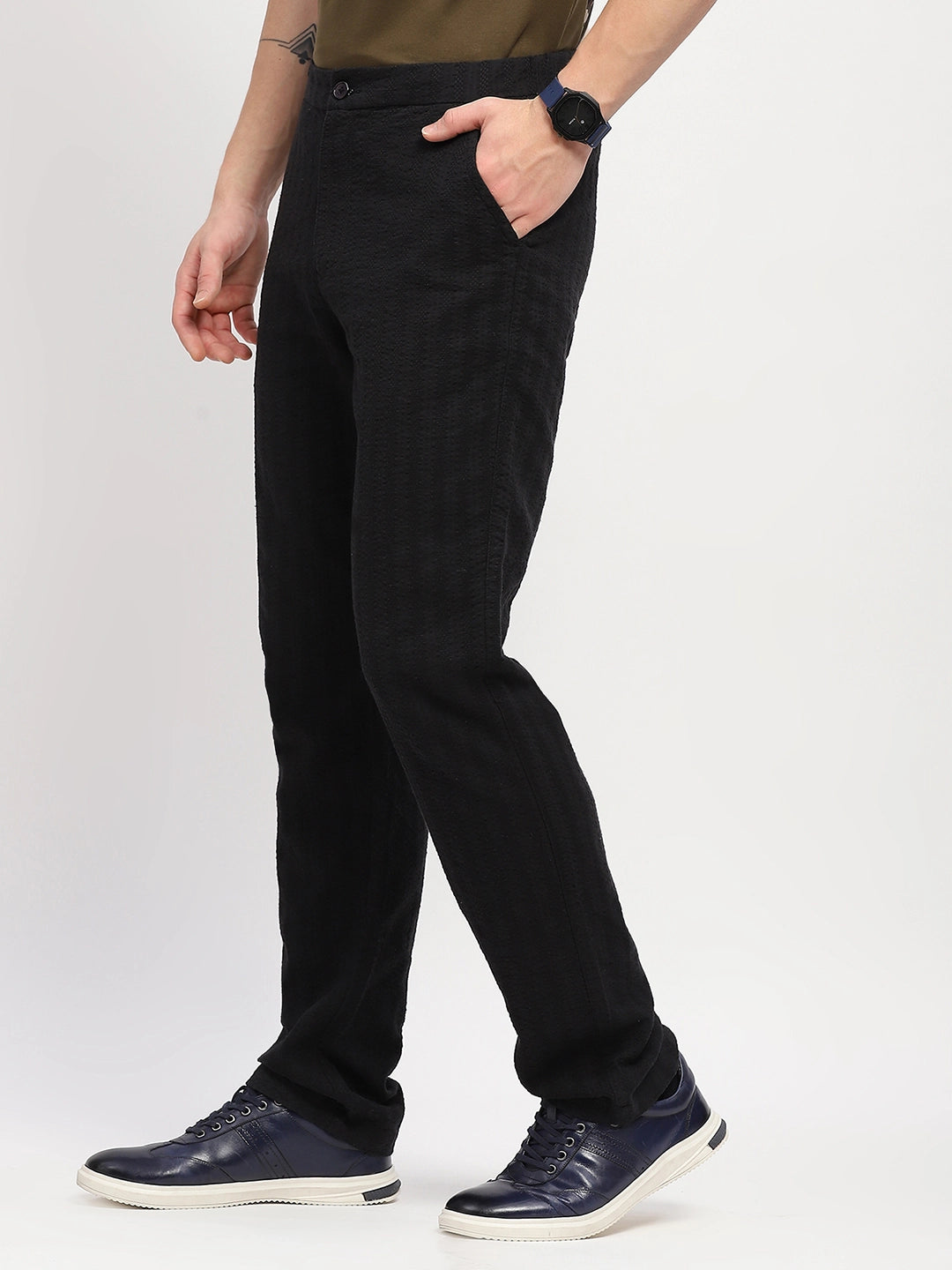 Black Self-Striped Cotton Trousers