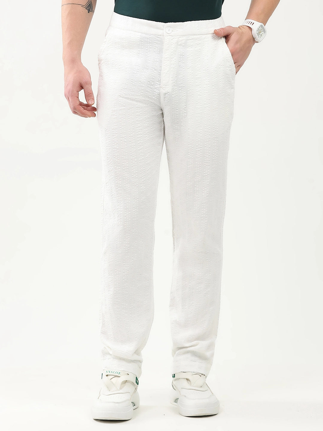 White Self-Striped Cotton Trousers