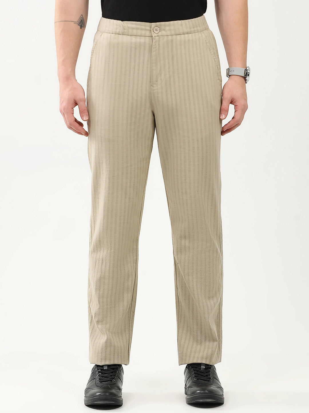 Beige Smart Fit Linen-Blend Trousers