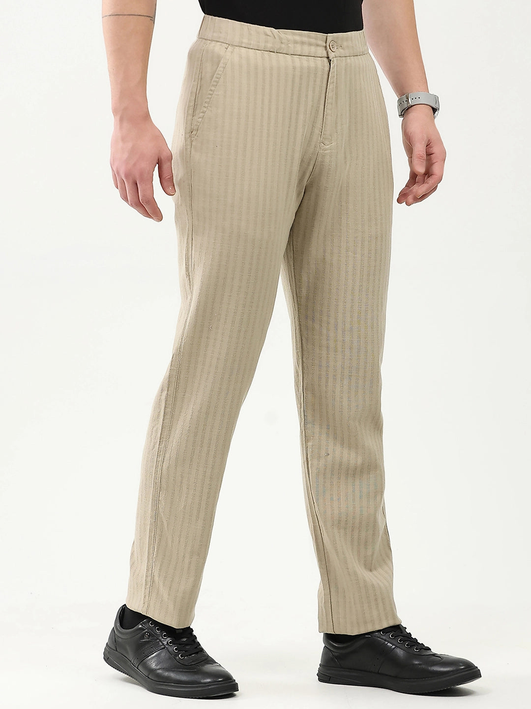 Beige Smart Fit Linen-Blend Trousers