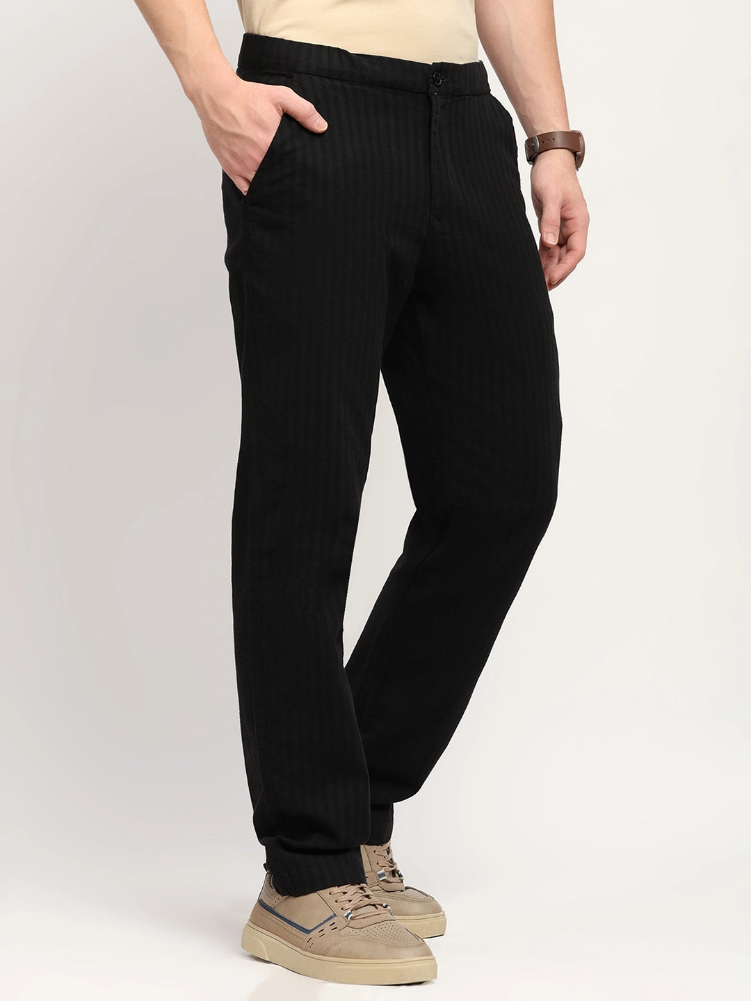 Black Smart Fit Linen-Blend Trousers