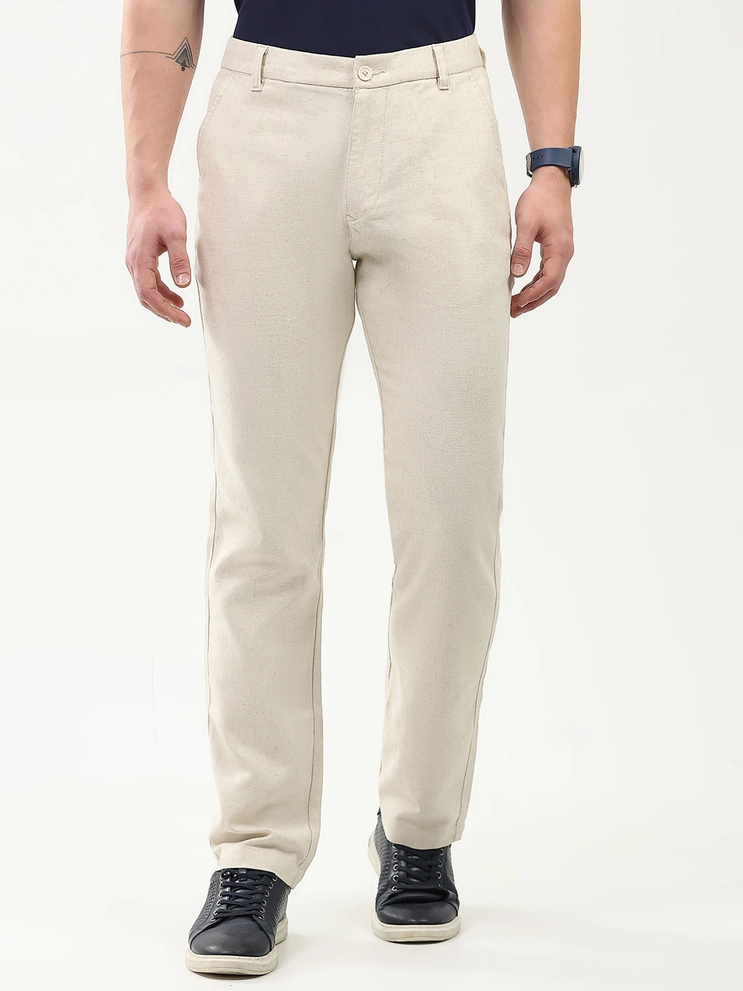 Off-White Solid Linen-Blend Trousers